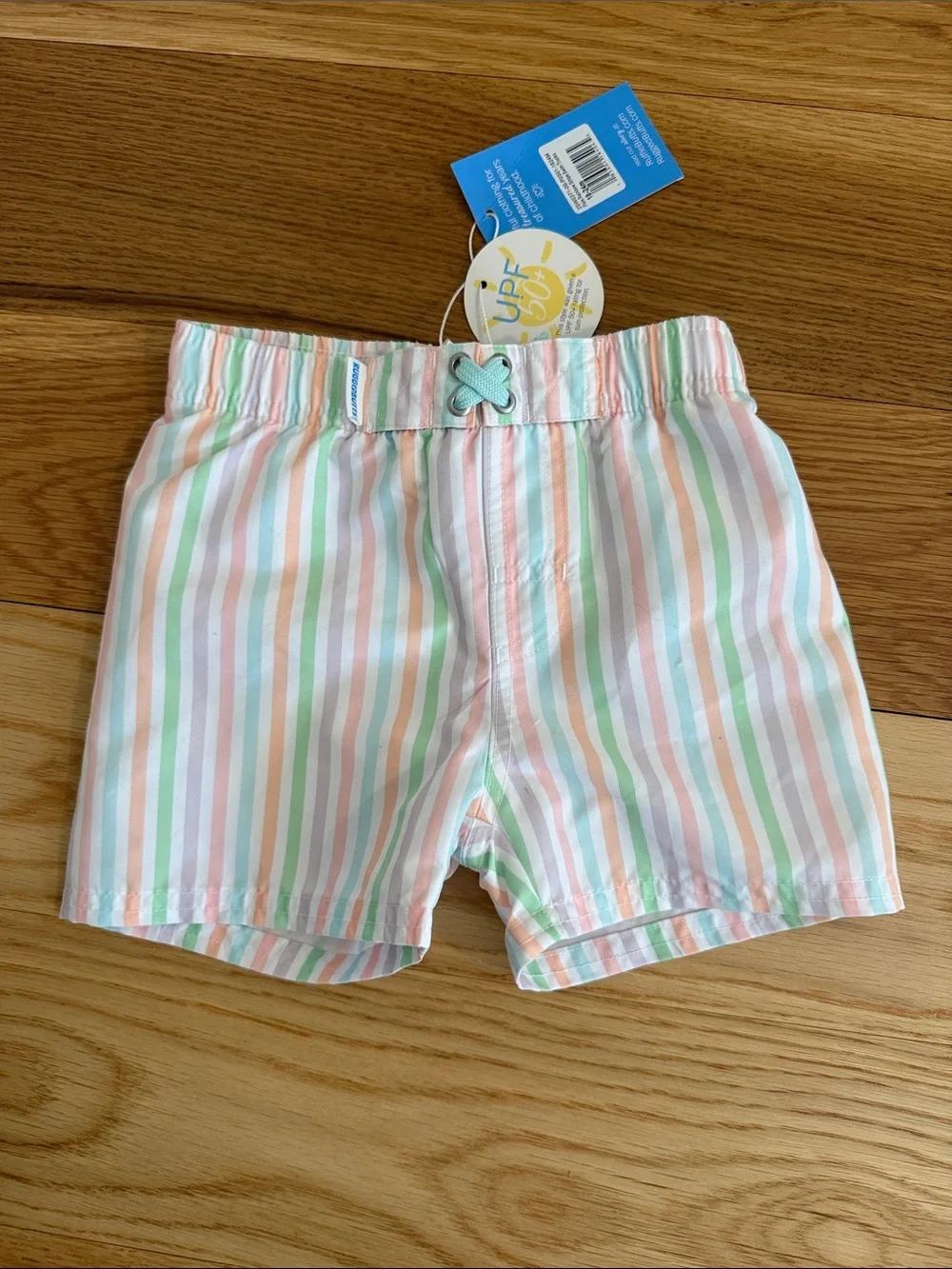 Striped Pastel Kids Swim Trunks with UPF - Pink, Green & Cream